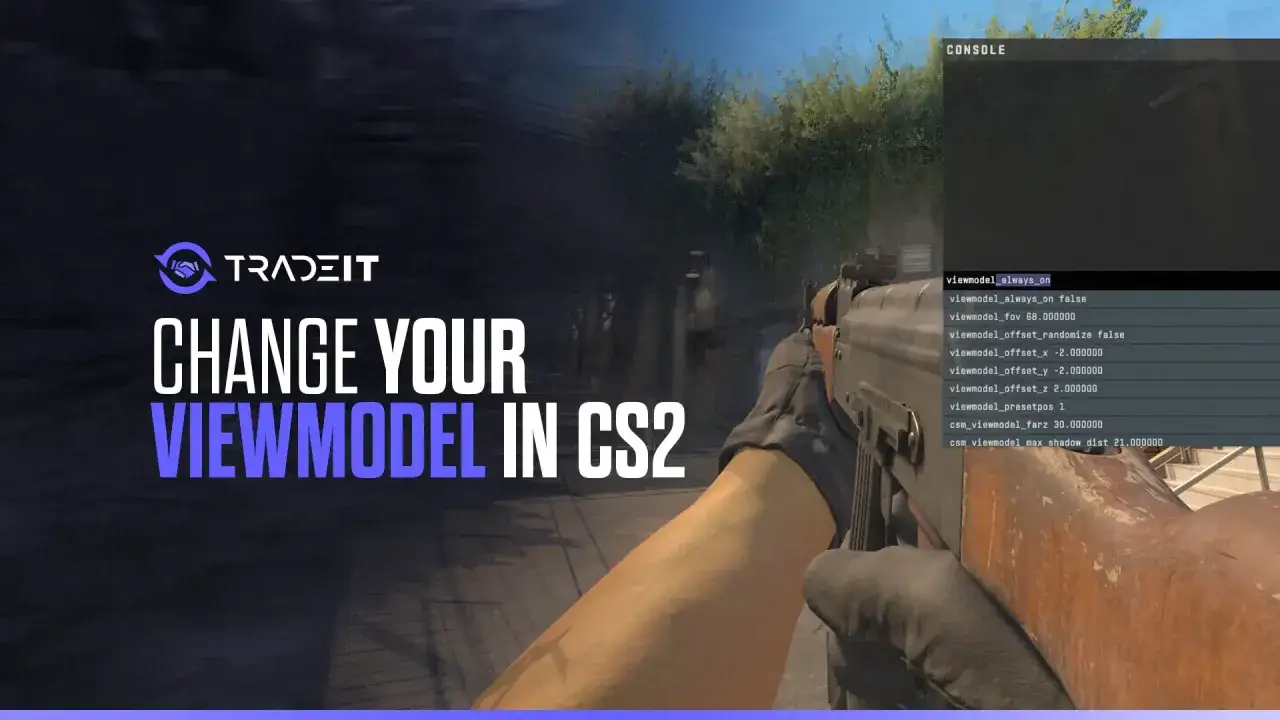 Zmiana viewmodel w CS2. Widok gracza z karabinem i konsolą do edycji ustawień viewmodel.