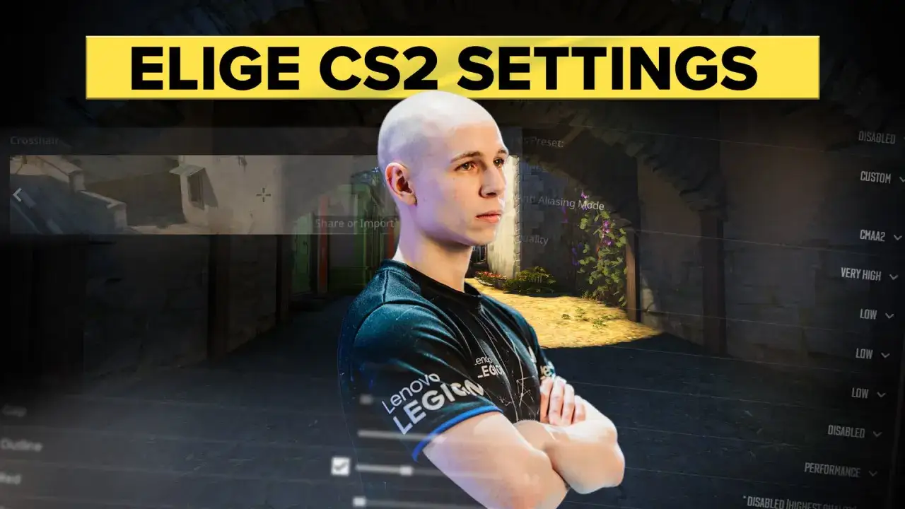 Gracz z zarostem i koszulce Lenovo Legion pokazuje, jak elige settings w CS2. Widoczne menu ustawień gry.