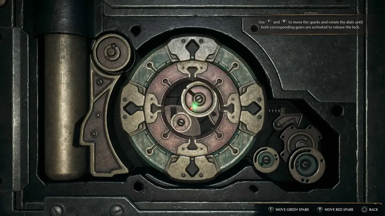 Mechanizm zamka w Hogwarts Legacy. Obracaj pokrętłami, by aktywować koła zębate i otworzyć zamek.
