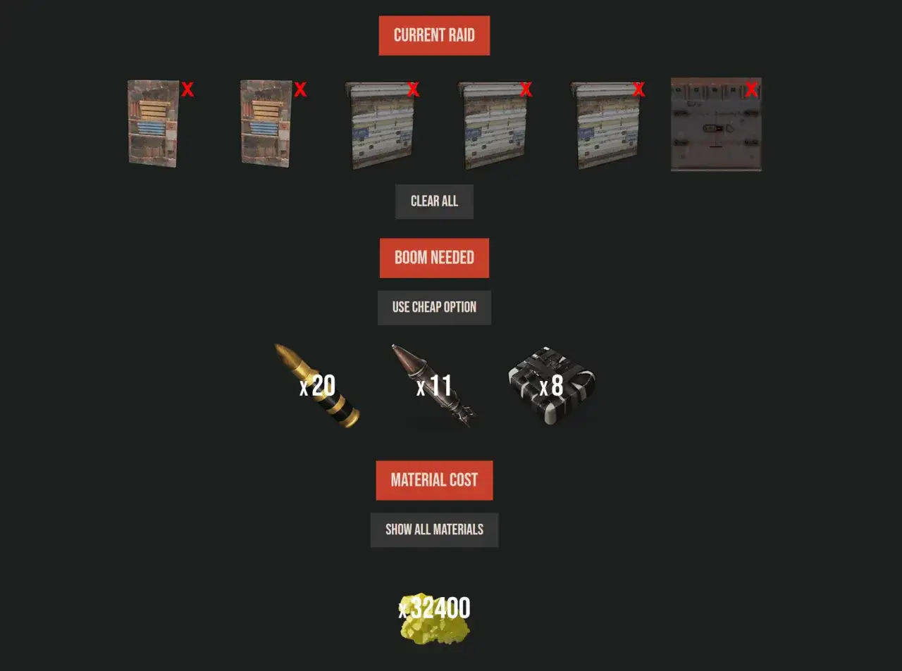 Szacowany koszt rust raid to 32400 surowców. Wymagane są 20 naboi, 11 rakiet i 8 ładunków wybuchowych.