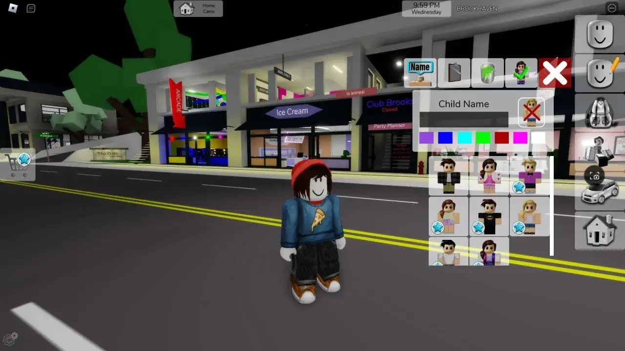 Postać w grze Roblox, szukająca kodów na Brookhaven. Widok na ulicę z budynkami i menu wyboru postaci.