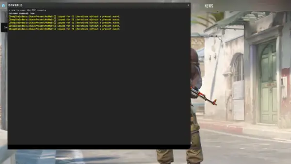 Konsola CS:GO z błędami, w tle postać z bronią.
