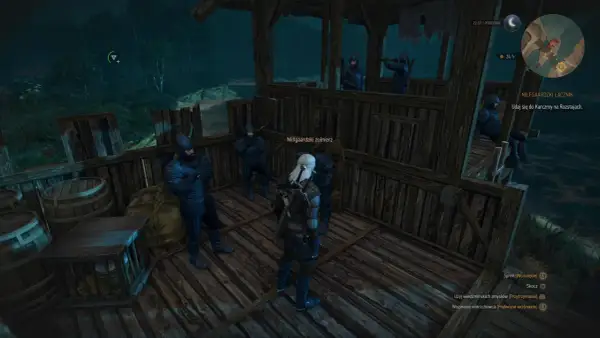 Geralt wita się z nilfgaardzkimi żołnierzami, którzy mają alternatywny wygląd jaskra.