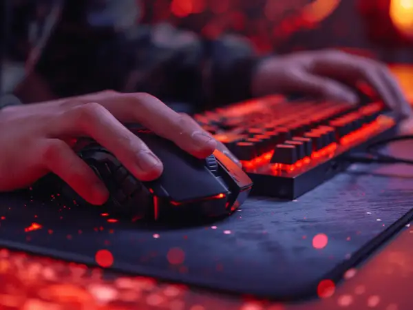 Dłoń gracza na myszce i klawiaturze z podświetleniem RGB. Optymalne spinx settings dla najlepszych wrażeń.