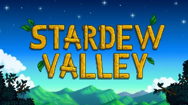 Napis "STARDEW VALLEY" w stylu rustykalnym, z liśćmi i chmurami. Czekamy na polskie spolszczenie gry!