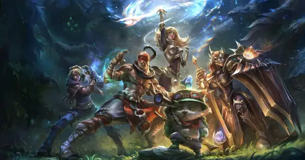 Pięć postaci z gry League of Legends, w tym Lee Sin i Lux, gotowych do walki. Tysiące graczy codziennie gra w lola.
