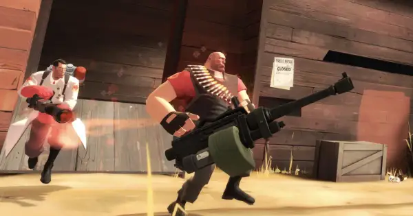 Dwaj bohaterowie z TF2: Medic z miotaczem i Heavy z minigunem w akcji.