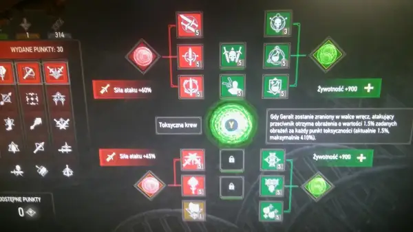 Drzewko umiejętności Wiedźmina 3: siła ataku +60%, toksyczna krew i żywotność +900. To najlepszy build wiedzmin 3 dla gracza.