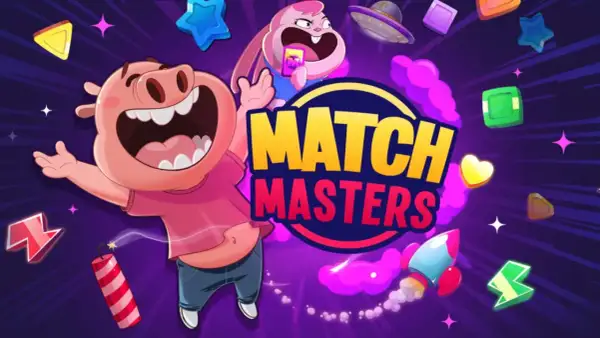 Wesoły prosiak i króliczek świętują w grze Match Masters, gdzie czekają darmowe prezenty i mnóstwo zabawy!