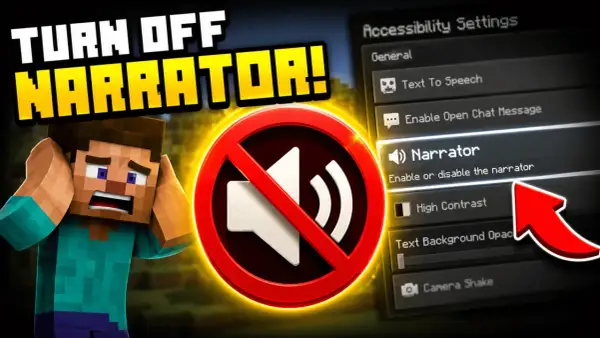 Jak wyłączyć narratora w Minecraft. Steve jest przerażony, a na ekranie widać menu ustawień dostępności z podświetloną opcją "Narrator".