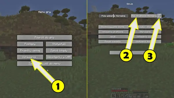 Jak zmienić poziom trudności w Minecraft komendą: kliknij "Ustawienia" (1), potem "Poz. trudności" (2, 3) i wybierz pożądany poziom.