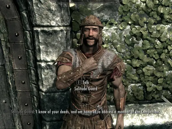 Strażnik z Solitude w zbroi, wyglądający jak z zaawansowanych skyrim mody, mówi o twoich czynach.