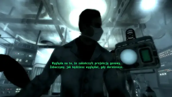 Włączając spolszczenie do Fallout 3 GOTY, widzimy naukowca w masce, który komentuje projekt genowy.