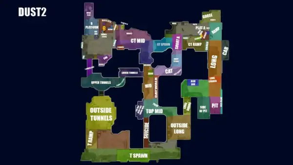 Mapa Dust2 z zaznaczonymi miejscówkami. Od T Spawn po B Platform, przez CT Mid i Long, każdy gracz znajdzie tu swoje ulubione miejscówki.