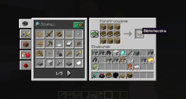 Jak zrobić książkę z piórem w Minecraft? W crafting table ułóż 3 deski i 3 księgi, by stworzyć biblioteczkę.