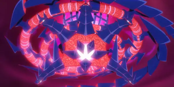 Wielogłowy, niebiesko-czerwony potwór, przypominający najpotężniejszego pokemona, otacza rozżarzone jądro.