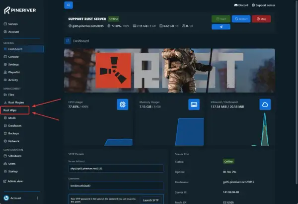 Panel administracyjny serwera Rust, opcja "Rust Wipe" podświetlona.