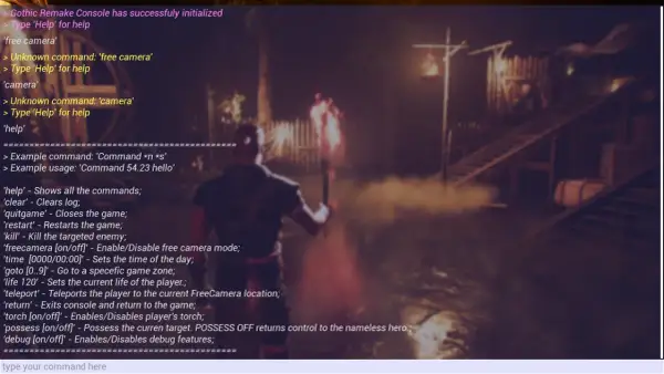 Konsola Gothic Remake wyświetla komendy, w tym te z kroniki Myrtany, pomagając graczowi w nawigacji i debugowaniu.