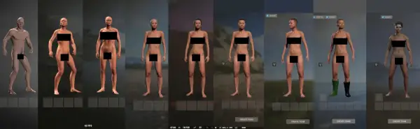 Postacie z gry Rust, prezentujące różne modele i opcje tworzenia postaci.