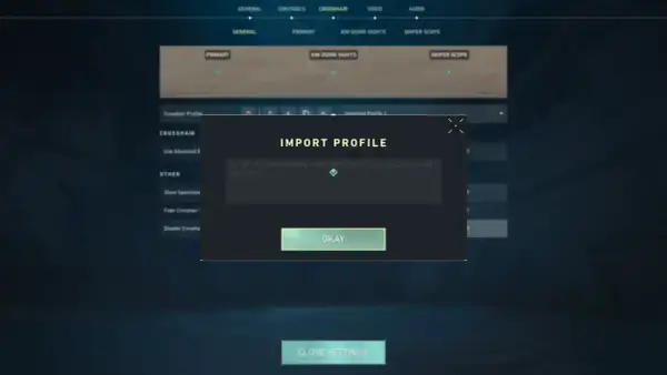 Okno "IMPORT PROFILE" z kodem ustawień celownika. Kliknij "OKAY", by zaimportować swój ulubiony scream crosshair.