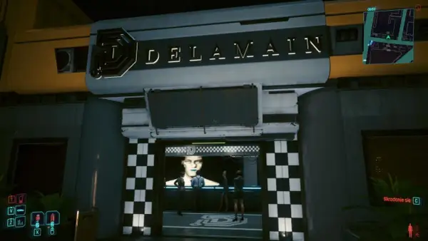 Wejście do Delamain, z neonowym logo i ekranem z twarzą. Czekam na **delamain readmisja**.