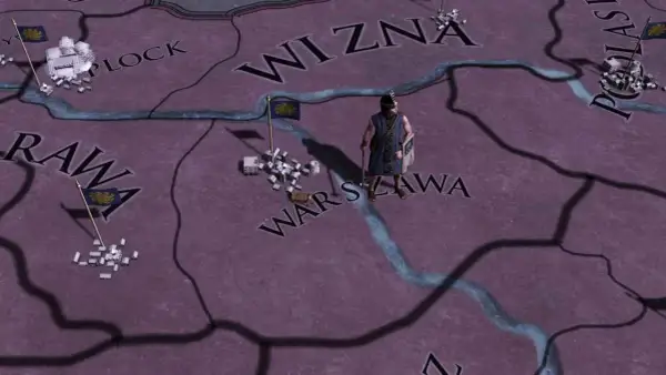 Mapa Europa Universalis 4 z widocznymi nazwami prowincji jak Płock, Rawa, Wizna, Warszawa. Postać w stroju historycznym stoi obok flagi.