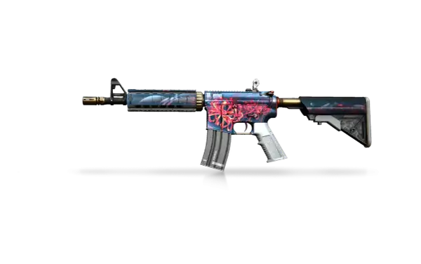 Karabin M4A4 z motywem czerwonych kwiatów i niebieskiego tła, idealny do operacje CS GO.