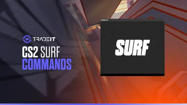 Tradeit prezentuje komendy do CS2 Surf. Na ekranie konsoli widnieje napis SURF.