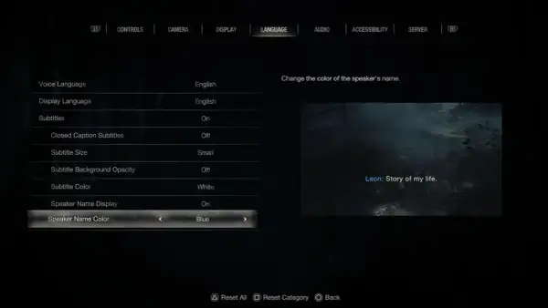 Ustawienia języka w Resident Evil 4 Remake. Możliwość zmiany koloru napisów, by ułatwić grę z polskim spolszczeniem.