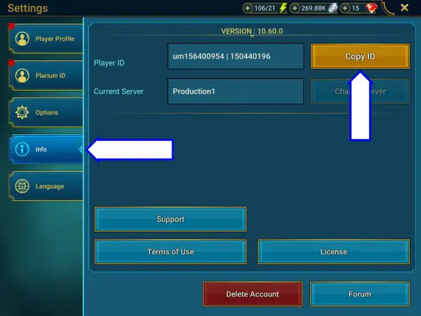 Ekran ustawień gry Raid Shadow Legends. Widoczny jest przycisk "Copy ID", który może być pomocny przy wprowadzaniu raid shadow legends kody.