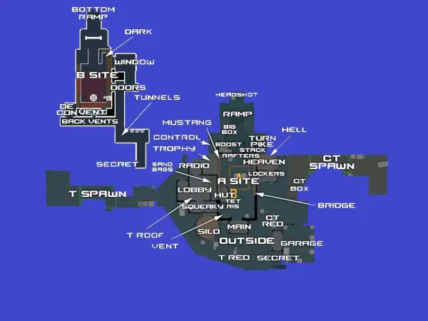 Mapa nuke z zaznaczonymi lokacjami: A Site, B Site, CT Spawn, T Spawn, Ramp, Hell, Garage.