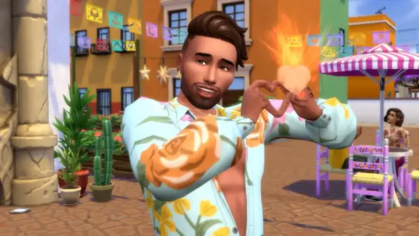 Sympatyczny Sim z gry The Sims 4 tworzy serce z dłoni, emanując miłością i radością.