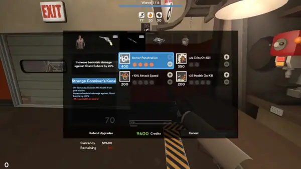 Menu ulepszeń dla postaci Spy z gry TF2. Dostępne są ulepszenia takie jak "Armor Penetration" i "Strange Conniver's Kunai".