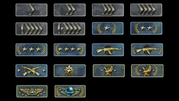 Ikony rang z gry CS:GO. Od najniższych, szarych strzałek, przez gwiazdki i karabiny, po orły i globus. Każdy gracz marzy o zdobyciu najwyższego csgo ranka.